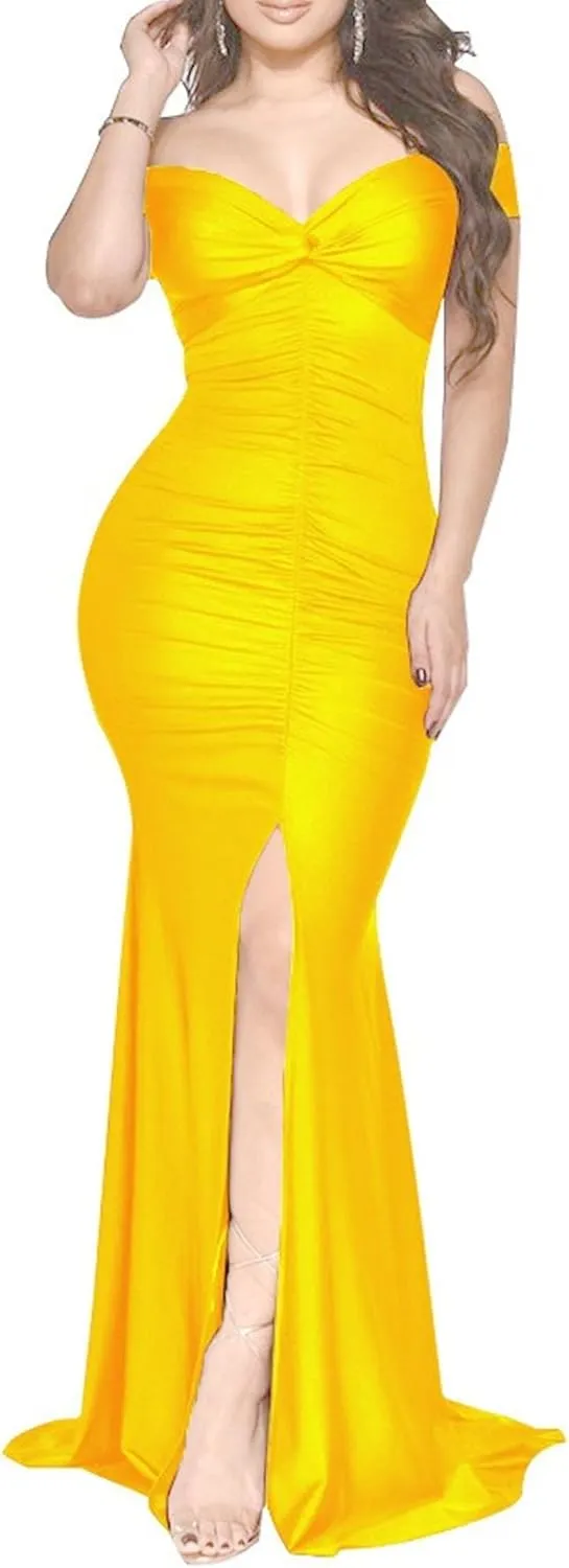 Women's Bodycon Ruched Elegant Formal Dress V Neck Sexy Slim Fit Prom Dress Split Hem Stylish Cocktail Dresses