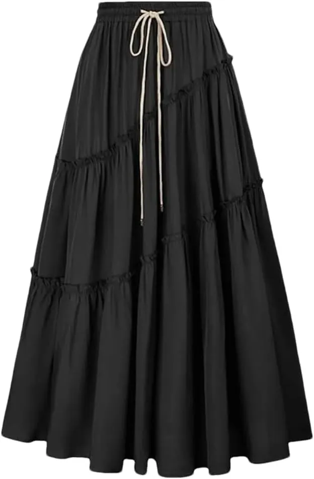 Women's Bohemian Style Skirts High Waist Pleated A Line Long Skirt with Drawstring Large Swing Folded Half Skirt