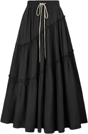 Women's Bohemian Style Skirts High Waist Pleated A Line Long Skirt with Drawstring Large Swing Folded Half Skirt
