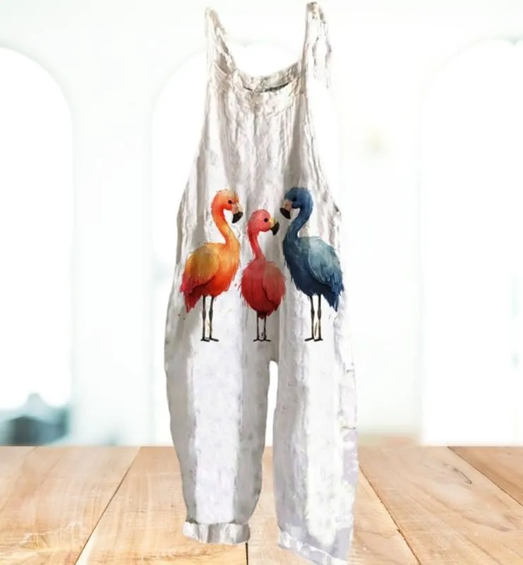 Womens Boho Floral Jumpsuits Cotton Linen Sleeveless Spaghetti Strap Baggy Romper Wide Leg Overalls with Pockets