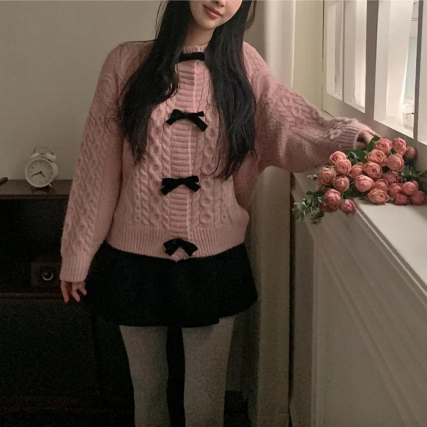 Womens Bow Knot Cardigan Sweater Long Sleeve Crew Neck Cable Knit Cardigan Coats Y2K Open Front Pullover Tops