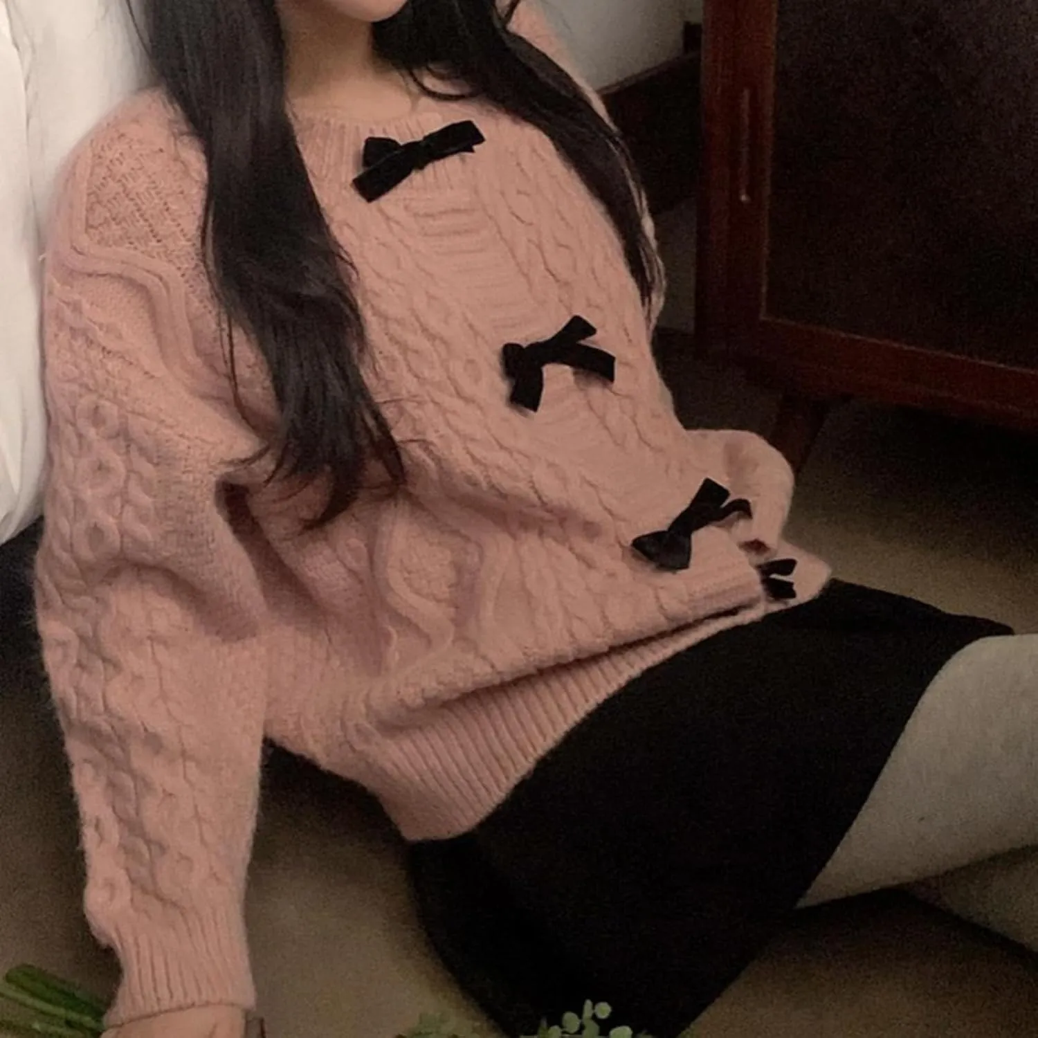 Womens Bow Knot Cardigan Sweater Long Sleeve Crew Neck Cable Knit Cardigan Coats Y2K Open Front Pullover Tops