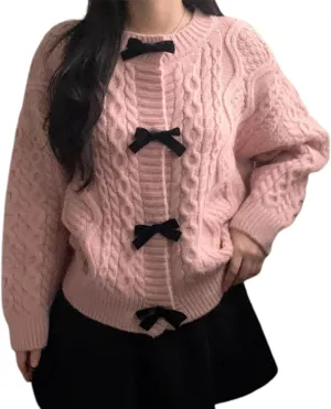 Womens Bow Knot Cardigan Sweater Long Sleeve Crew Neck Cable Knit Cardigan Coats Y2K Open Front Pullover Tops
