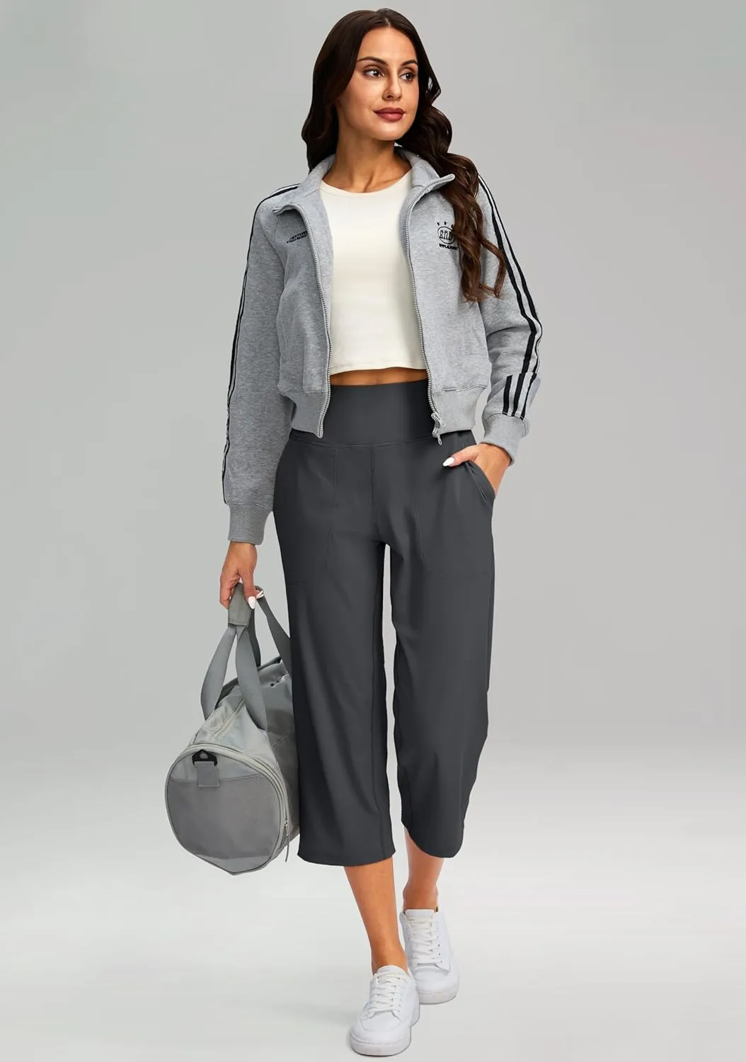 Women's Capri Pants with Pockets High Waist Yoga Pants Wide Leg Workout Crop Summer Pants for Casual, Travel, Exercise