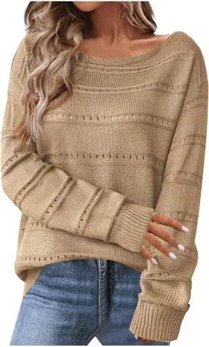Womens Casual Sweater Lightweight Long Sleeve Off Shoulder Pullover Top Dressy Hollow Out Shirt 2024 Fall Outfits