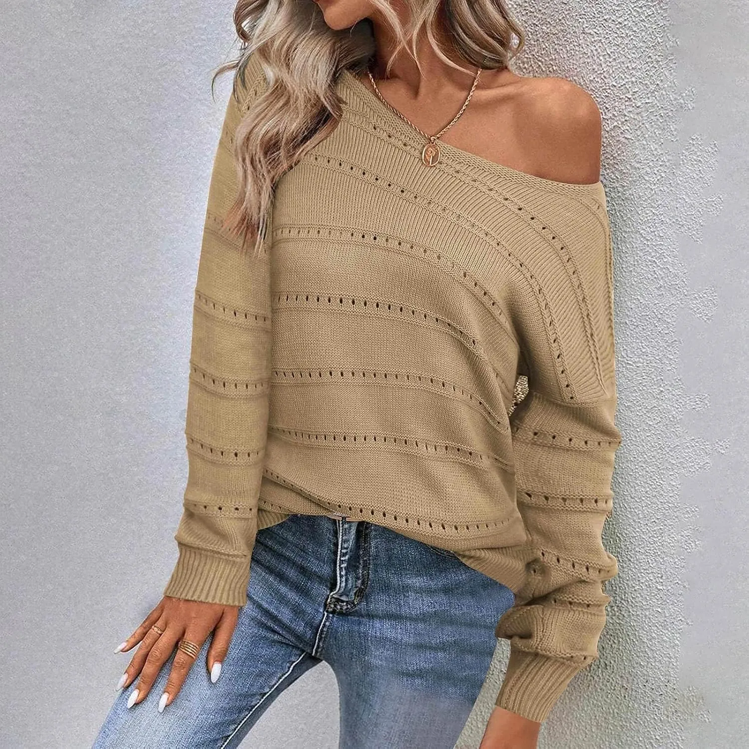 Womens Casual Sweater Lightweight Long Sleeve Off Shoulder Pullover Top Dressy Hollow Out Shirt 2024 Fall Outfits