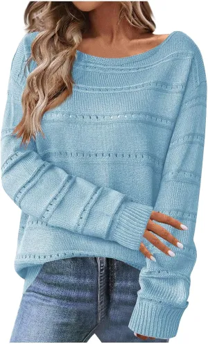 Womens Casual Sweater Lightweight Long Sleeve Off Shoulder Pullover Top Dressy Hollow Out Shirt 2024 Fall Outfits