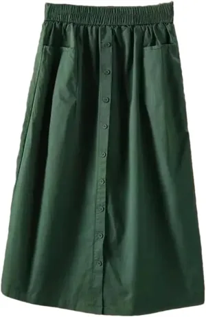 Women's Casual Washed Cotton Elastic Waist Slim Stpaight A Line Skirt with Large Pocket