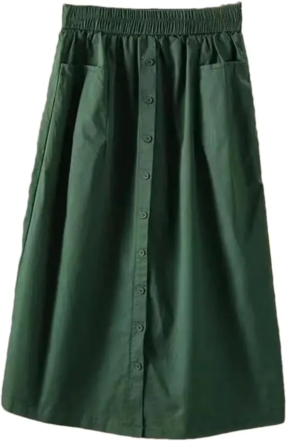 Women's Casual Washed Cotton Elastic Waist Slim Stpaight A Line Skirt with Large Pocket