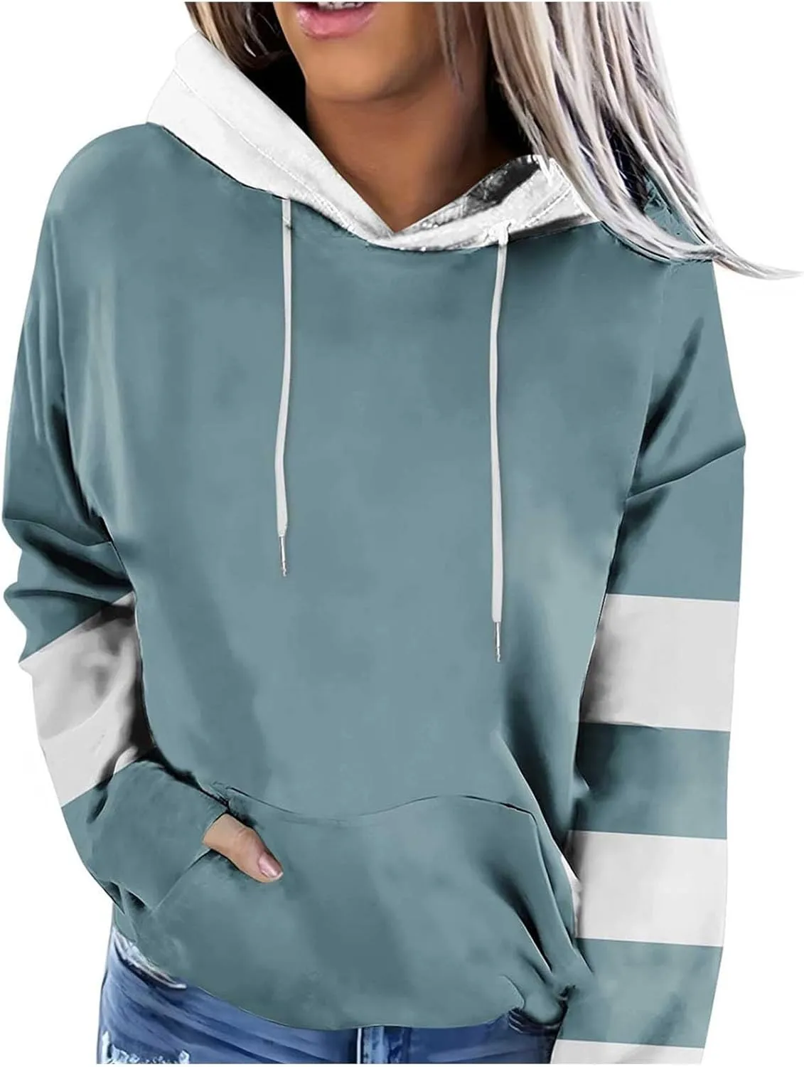 Women's Color Block Hoodie Sweatshirt Casual Long Sleeve Drawstring Jacket Sweater with Pockets Loose Fit Fall Coat