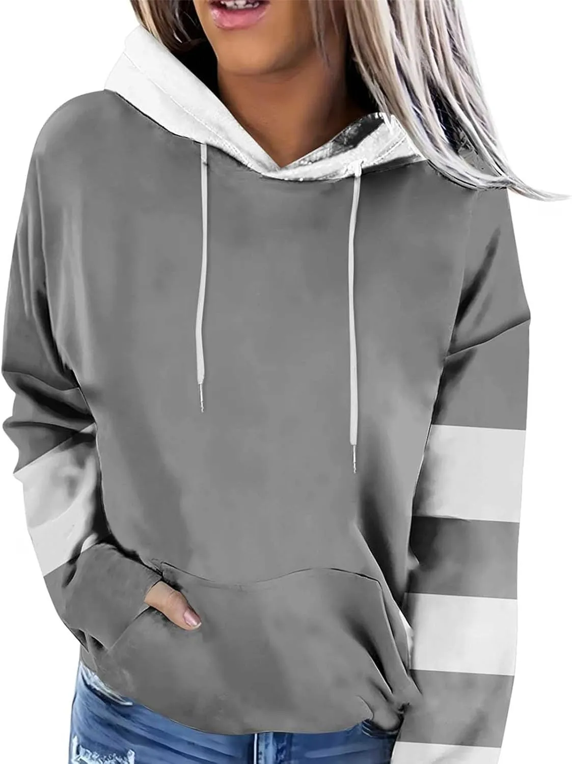 Women's Color Block Hoodie Sweatshirt Casual Long Sleeve Drawstring Jacket Sweater with Pockets Loose Fit Fall Coat