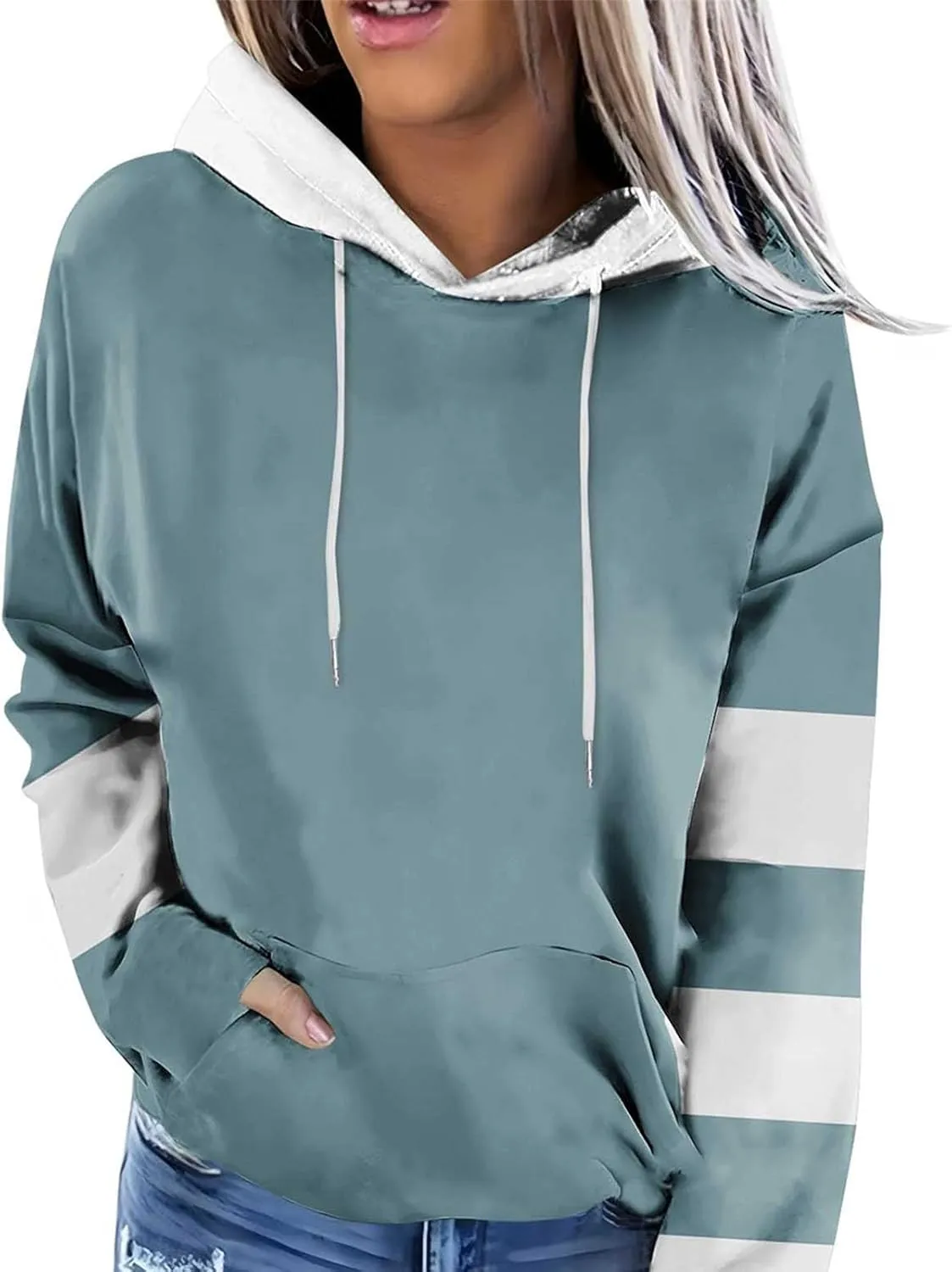 Women's Color Block Hoodie Sweatshirt Casual Long Sleeve Drawstring Jacket Sweater with Pockets Loose Fit Fall Coat