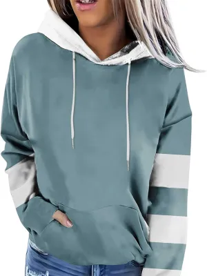 Women's Color Block Hoodie Sweatshirt Casual Long Sleeve Drawstring Jacket Sweater with Pockets Loose Fit Fall Coat