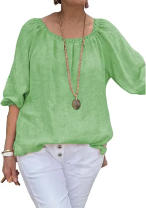 Womens Cotton Linen Pleated Crew Neck Tops Casual Half Puff Sleeve Pullover Summer Trendy Loose Tunic Shirts