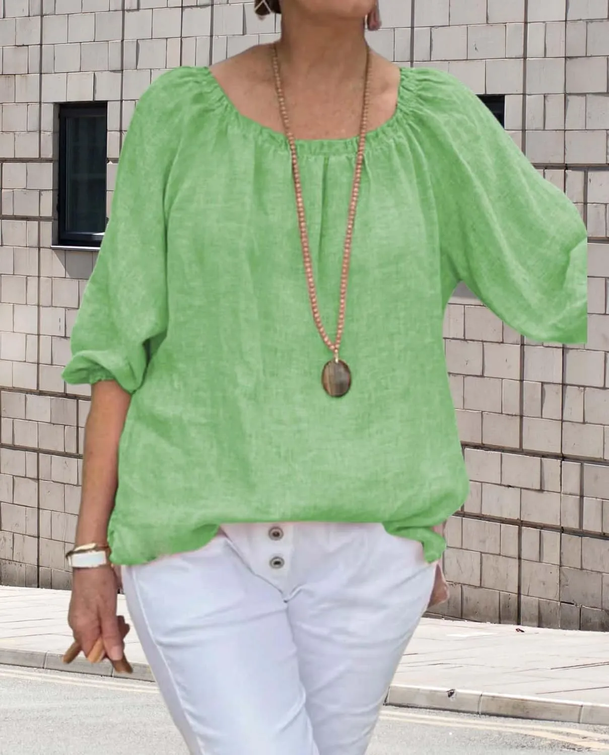 Womens Cotton Linen Pleated Crew Neck Tops Casual Half Puff Sleeve Pullover Summer Trendy Loose Tunic Shirts