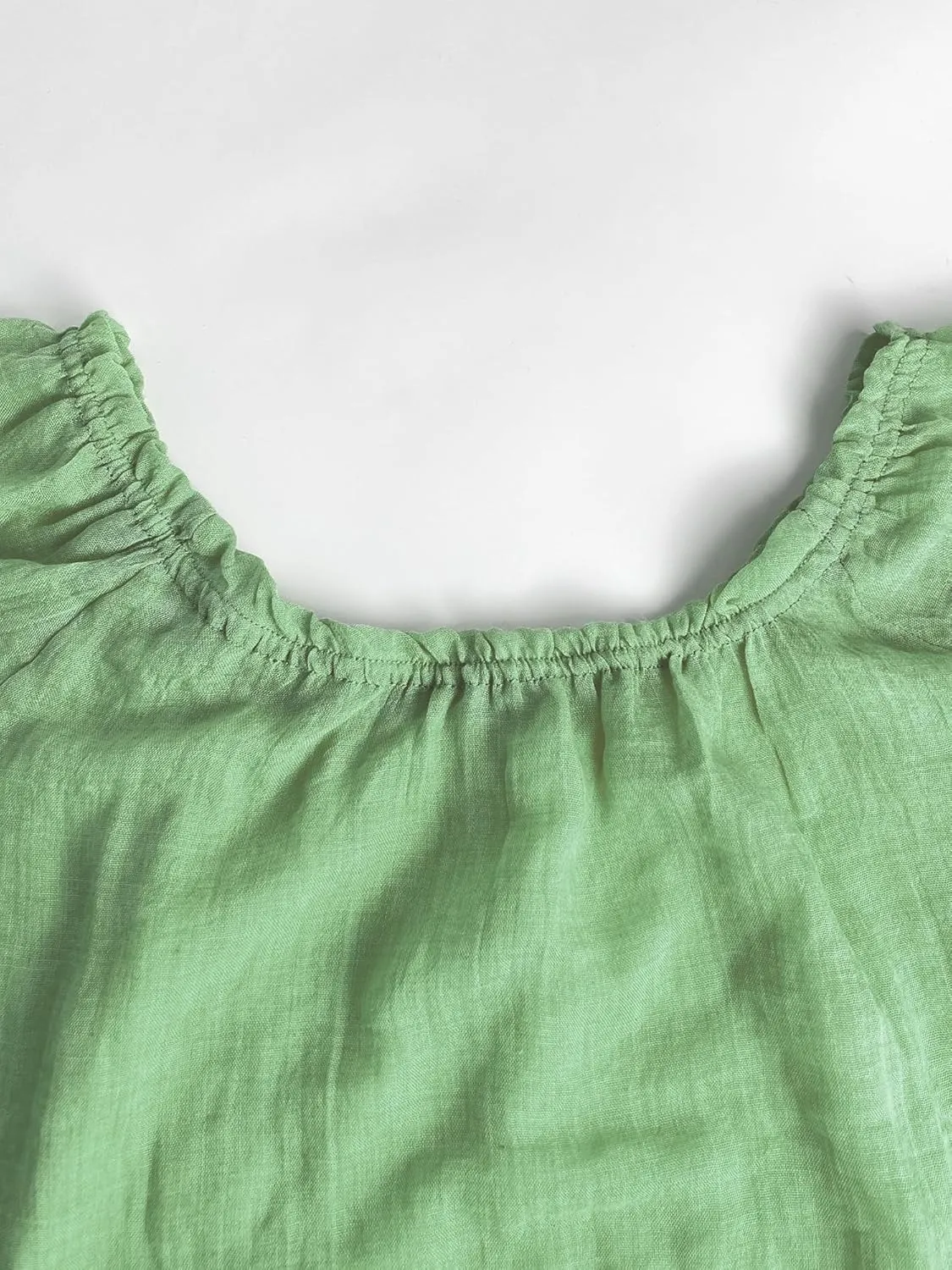 Womens Cotton Linen Pleated Crew Neck Tops Casual Half Puff Sleeve Pullover Summer Trendy Loose Tunic Shirts