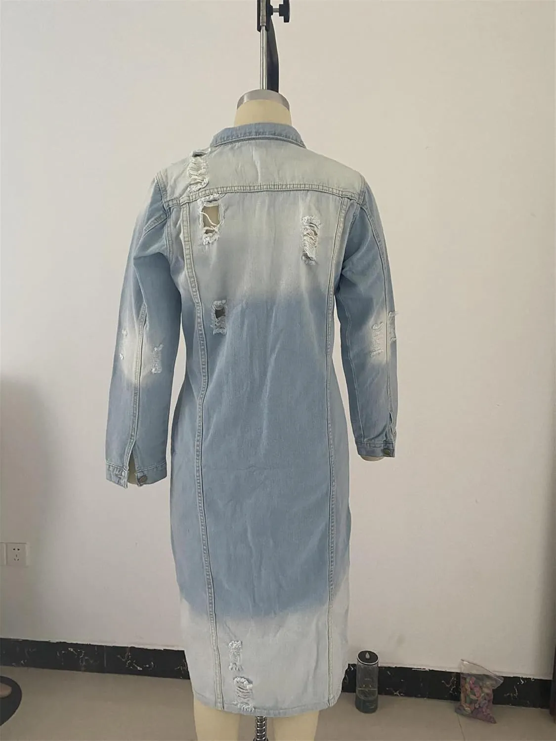 Women's Distressed Jean Jacket Ripped Hole Over Knee Midi Long Denim Jacket Button Down Maxi Trench Coat Outwear