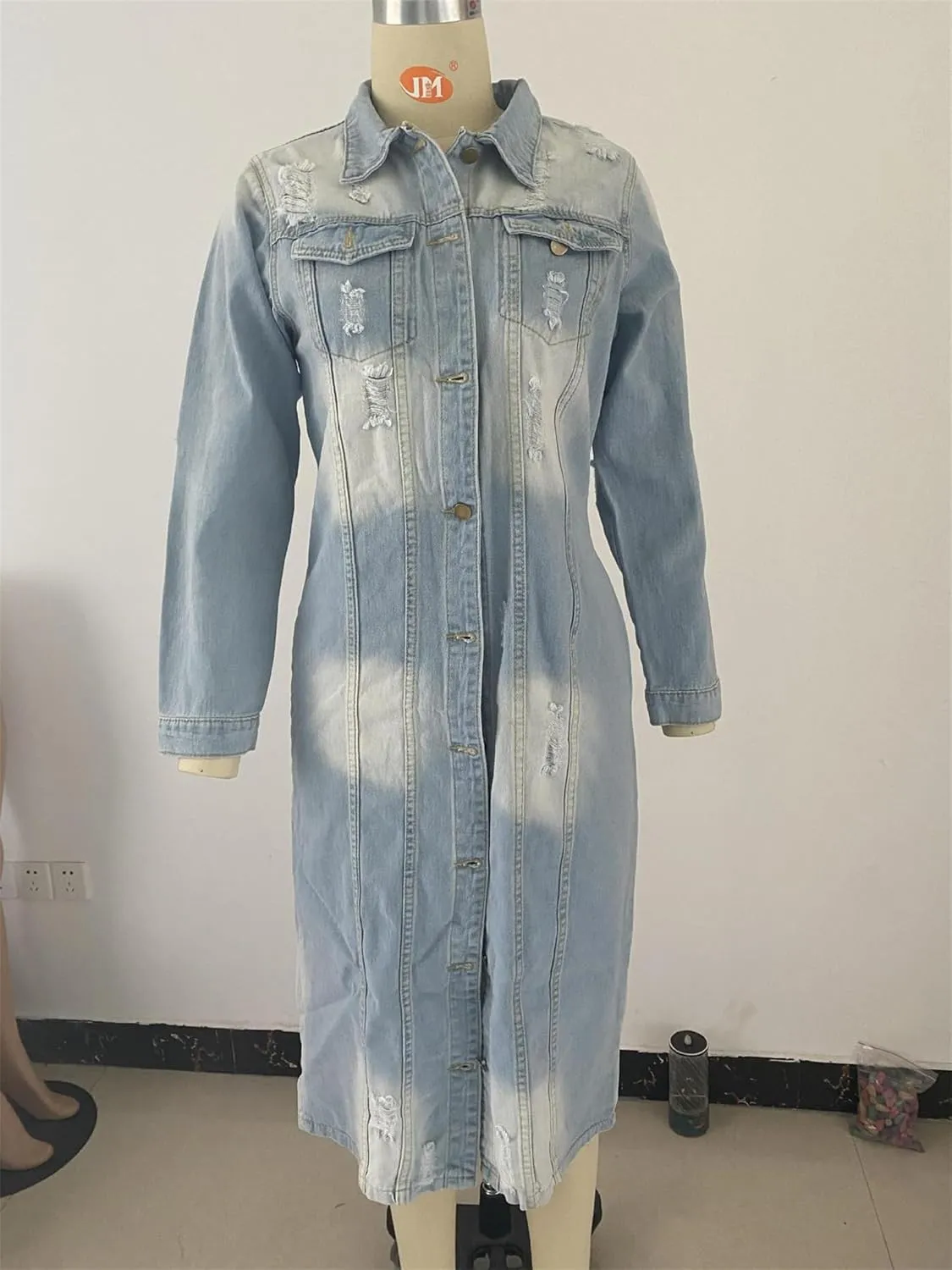 Women's Distressed Jean Jacket Ripped Hole Over Knee Midi Long Denim Jacket Button Down Maxi Trench Coat Outwear