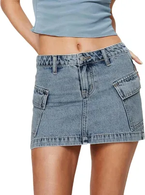 Womens Elastic Slim Fit Cargo Denim Skirts Solid Color Mid Waist Mini Jean Skirts with Pockets Streetwear