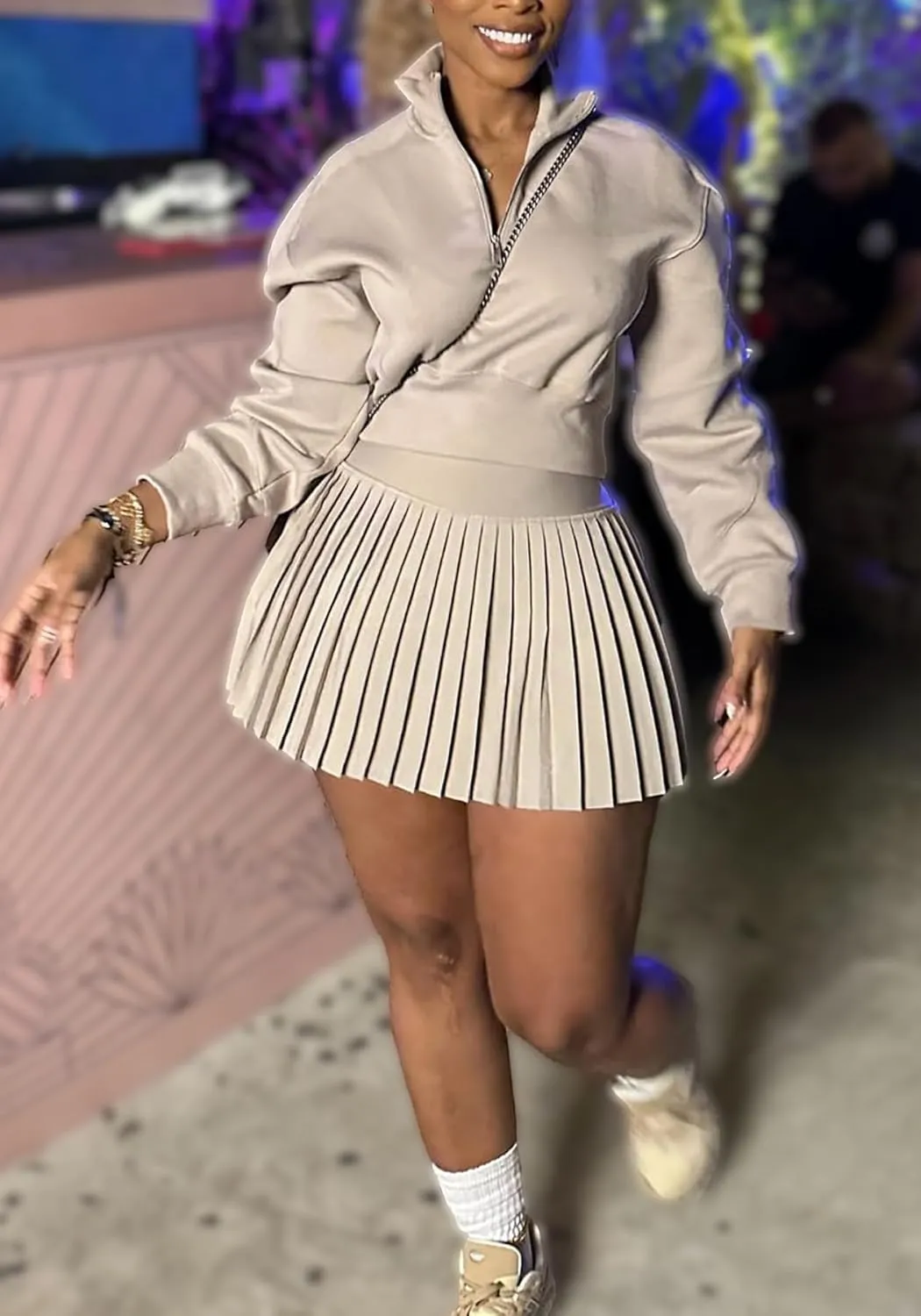 Women's Fall 2 Piece Outfits Casual Half Zip Long Sleeve Sweatshirt and Mini Pleated Skirt Set Workout Sweatsuit