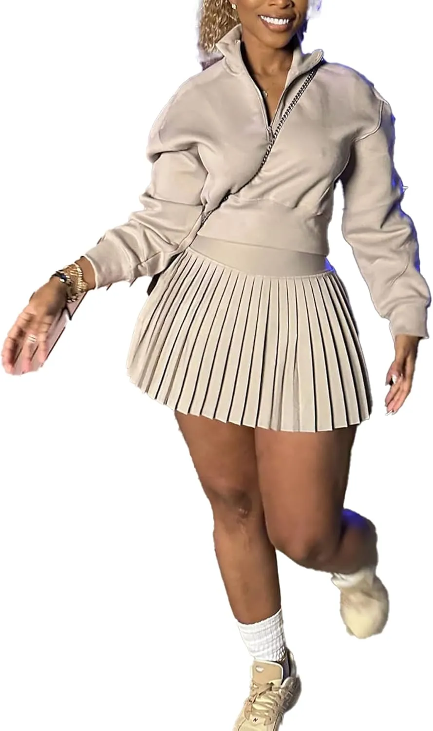 Women's Fall 2 Piece Outfits Casual Half Zip Long Sleeve Sweatshirt and Mini Pleated Skirt Set Workout Sweatsuit