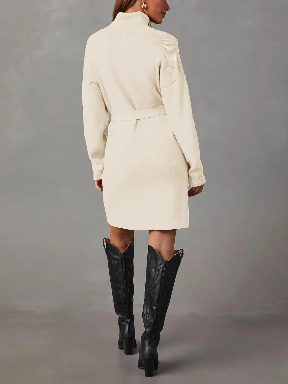 Women's Fall High Neck Sweater Dress Long Sleeve Ribbed Casual Knit Pullover Short Dresses Tie Waist