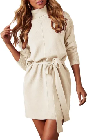 Women's Fall High Neck Sweater Dress Long Sleeve Ribbed Casual Knit Pullover Short Dresses Tie Waist