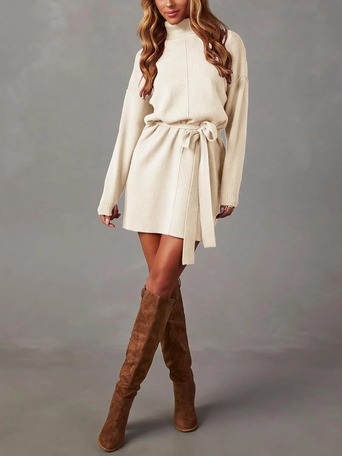 Women's Fall High Neck Sweater Dress Long Sleeve Ribbed Casual Knit Pullover Short Dresses Tie Waist