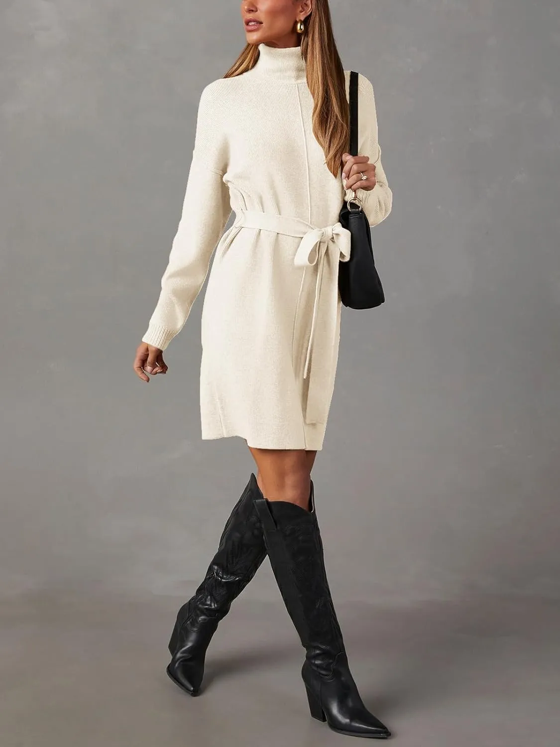 Women's Fall High Neck Sweater Dress Long Sleeve Ribbed Casual Knit Pullover Short Dresses Tie Waist