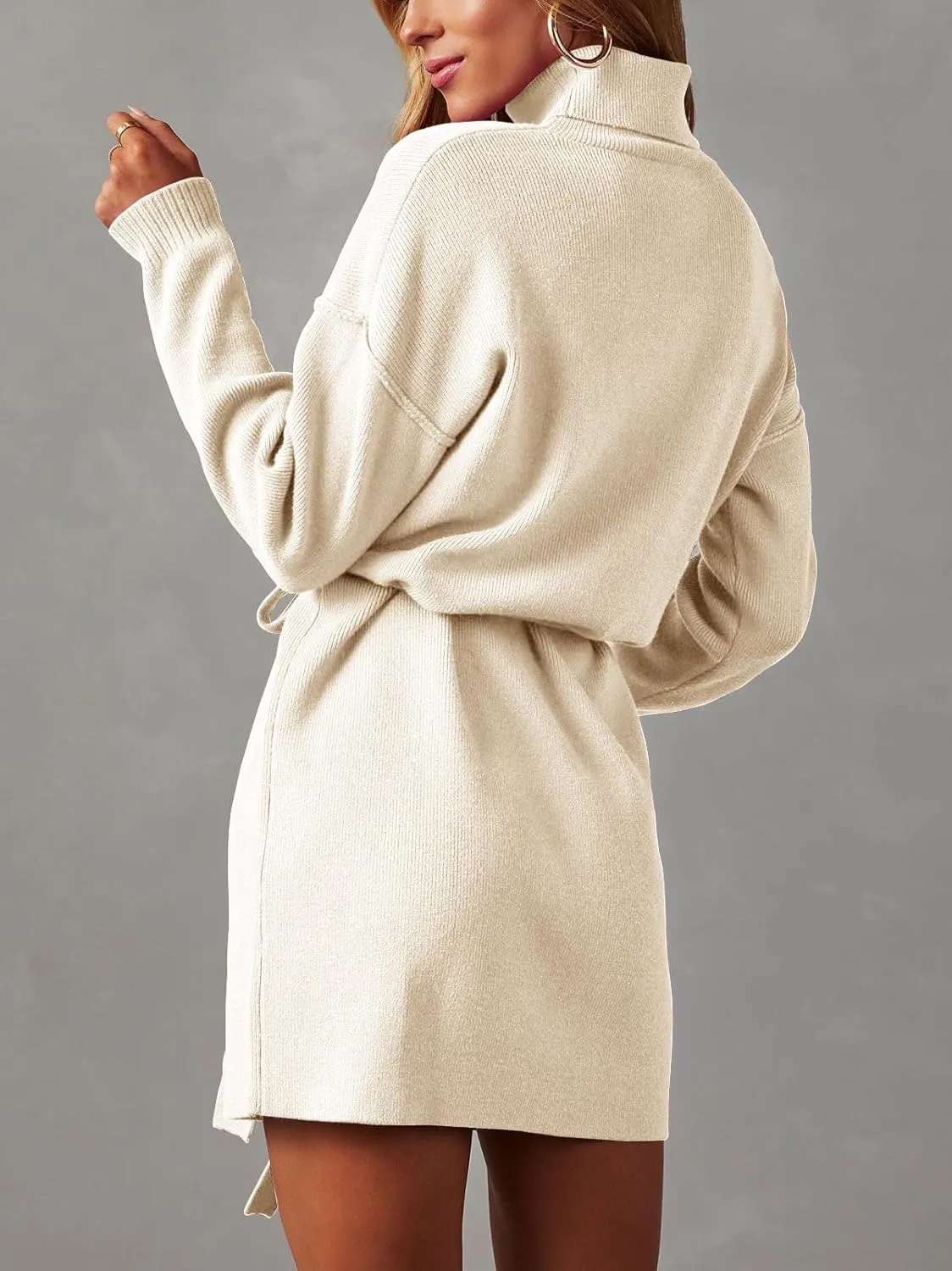 Women's Fall High Neck Sweater Dress Long Sleeve Ribbed Casual Knit Pullover Short Dresses Tie Waist