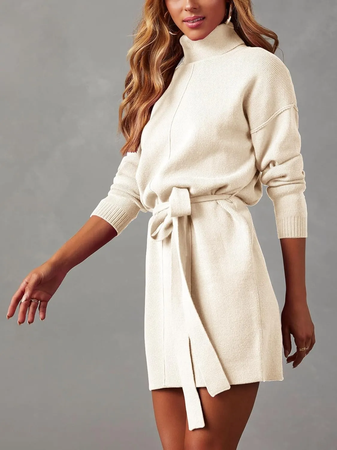 Women's Fall High Neck Sweater Dress Long Sleeve Ribbed Casual Knit Pullover Short Dresses Tie Waist