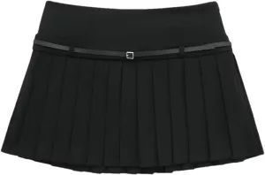 Women's Fashion Vintage Classic Pleated Short Skirt with Brown Belt Mini Skirt