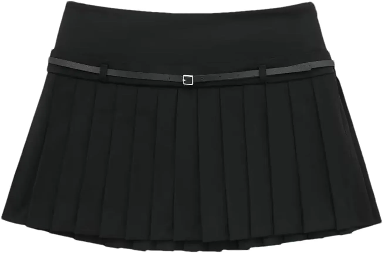 Women's Fashion Vintage Classic Pleated Short Skirt with Brown Belt Mini Skirt