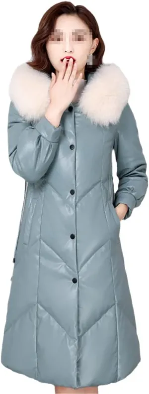 Womens Fur Collar Hooded Coat Women's Down Leather Jacket Winter Down Coat Long Female Puffer Parkas Outwear
