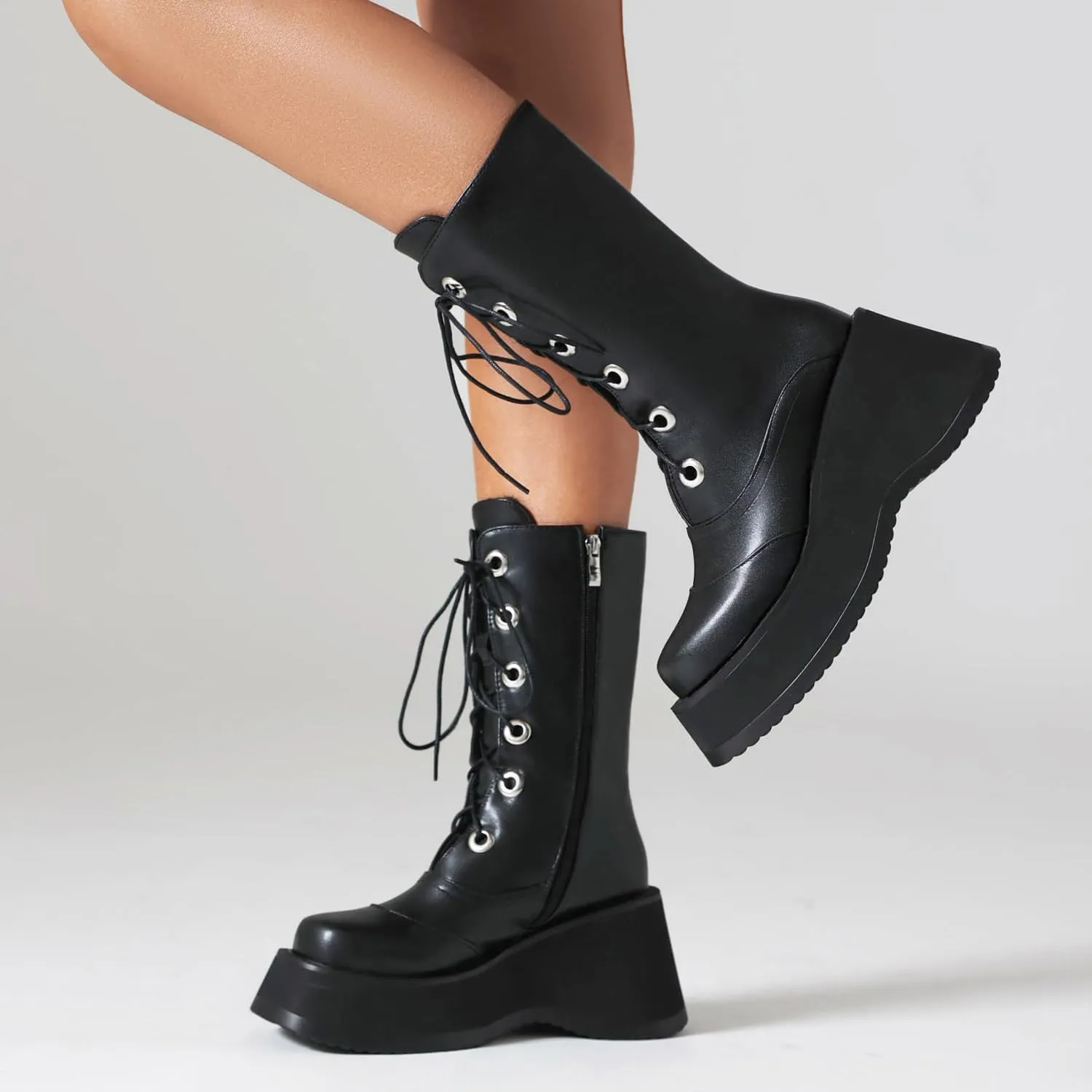 Women's Goth Platform Wedge Boots, Comfortable Chunky Mid Heel Combat Boots, Cute Gothic Ankle Boots Shoes