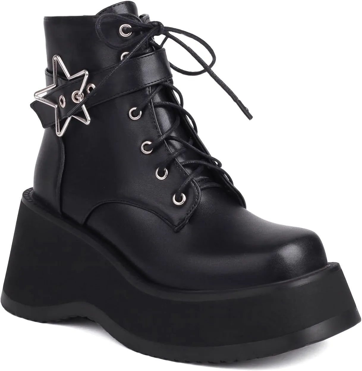 Women's Goth Platform Wedge Boots, Comfortable Chunky Mid Heel Combat Boots, Cute Gothic Ankle Boots Shoes
