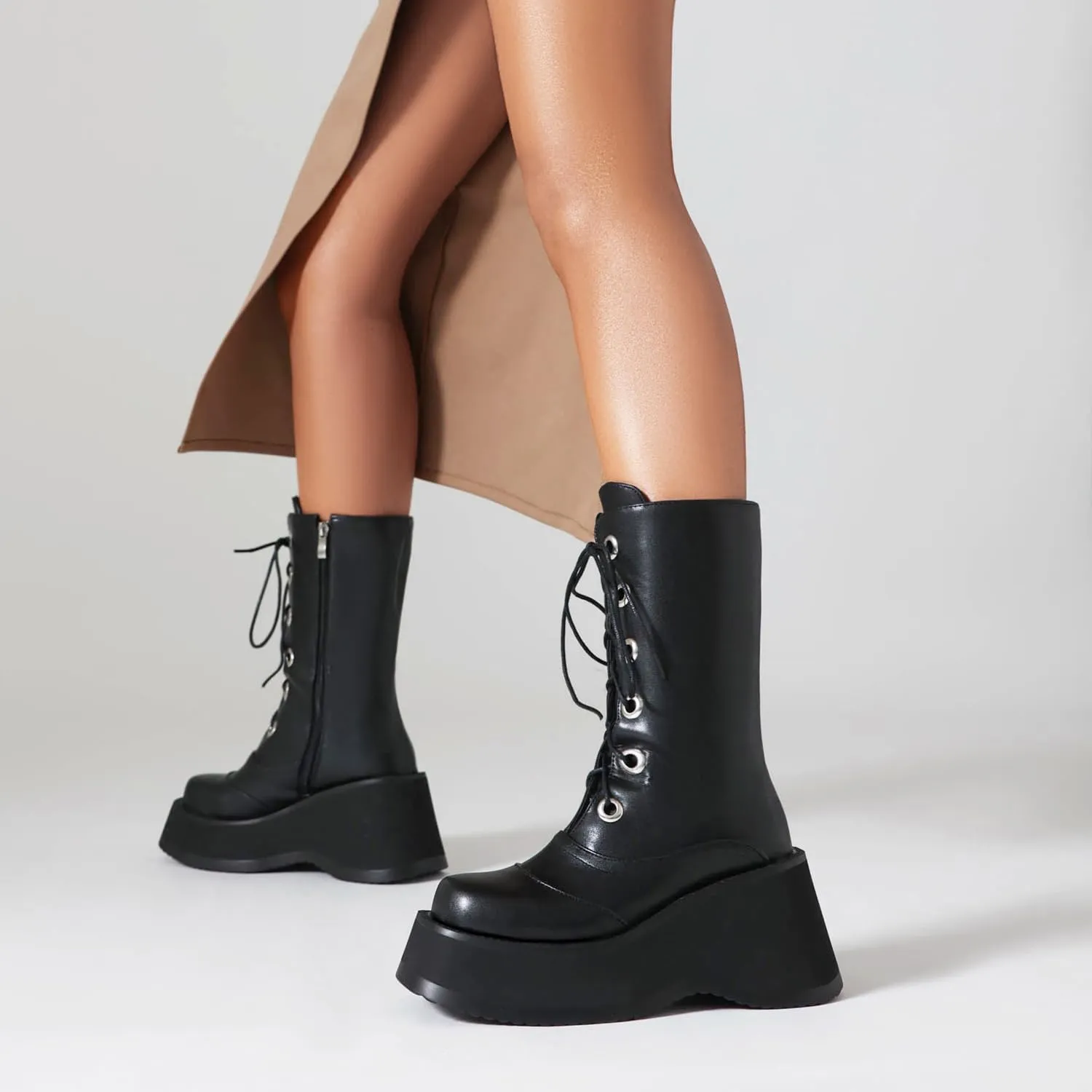 Women's Goth Platform Wedge Boots, Comfortable Chunky Mid Heel Combat Boots, Cute Gothic Ankle Boots Shoes