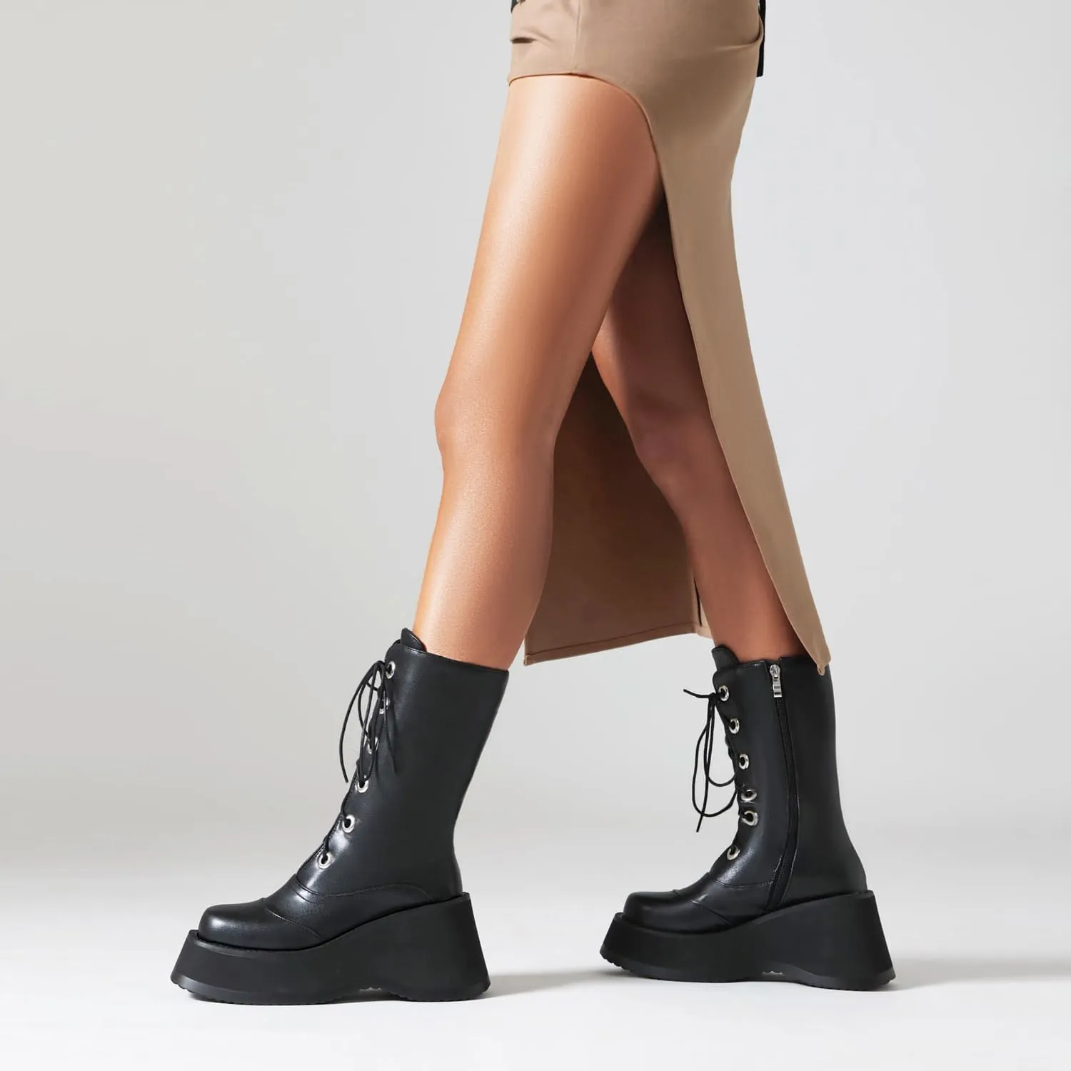 Women's Goth Platform Wedge Boots, Comfortable Chunky Mid Heel Combat Boots, Cute Gothic Ankle Boots Shoes