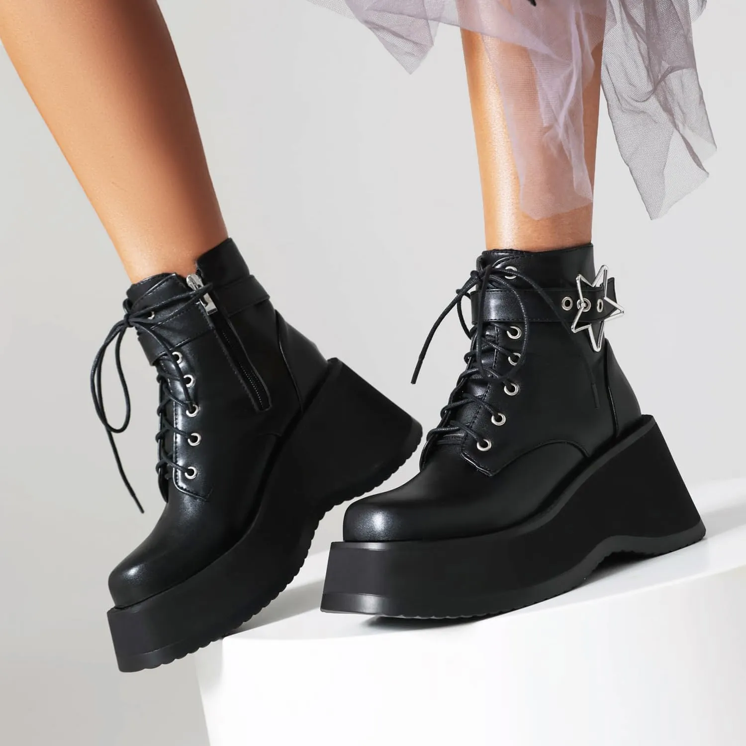 Women's Goth Platform Wedge Boots, Comfortable Chunky Mid Heel Combat Boots, Cute Gothic Ankle Boots Shoes