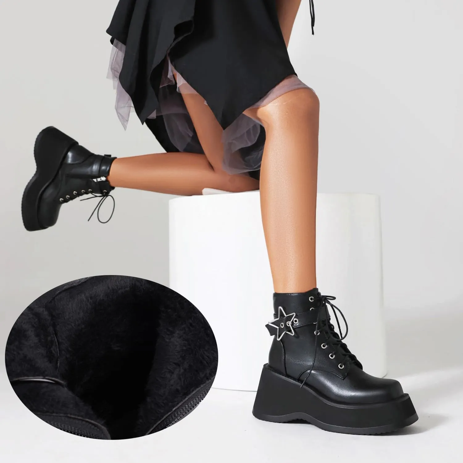 Women's Goth Platform Wedge Boots, Comfortable Chunky Mid Heel Combat Boots, Cute Gothic Ankle Boots Shoes