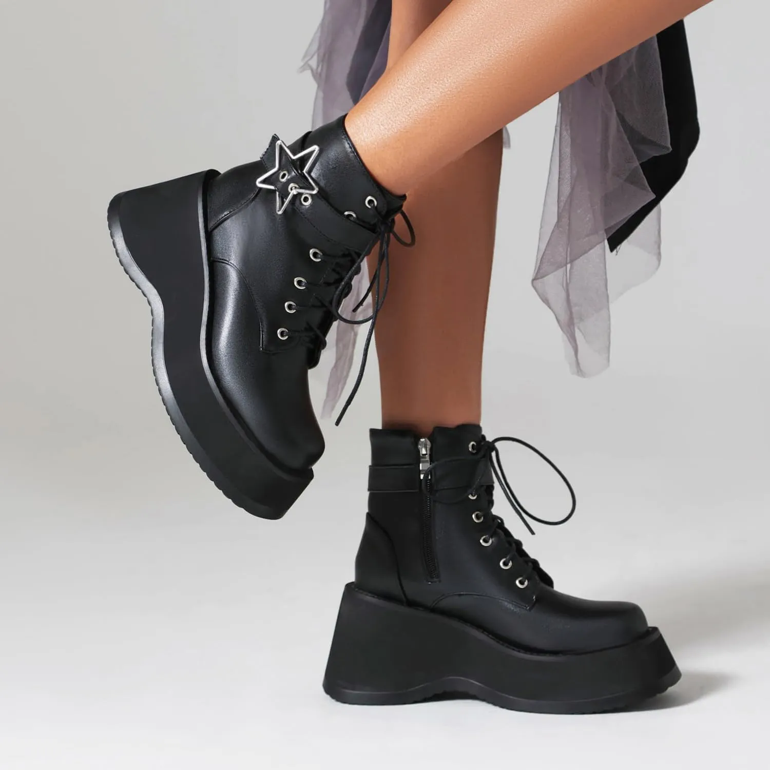 Women's Goth Platform Wedge Boots, Comfortable Chunky Mid Heel Combat Boots, Cute Gothic Ankle Boots Shoes