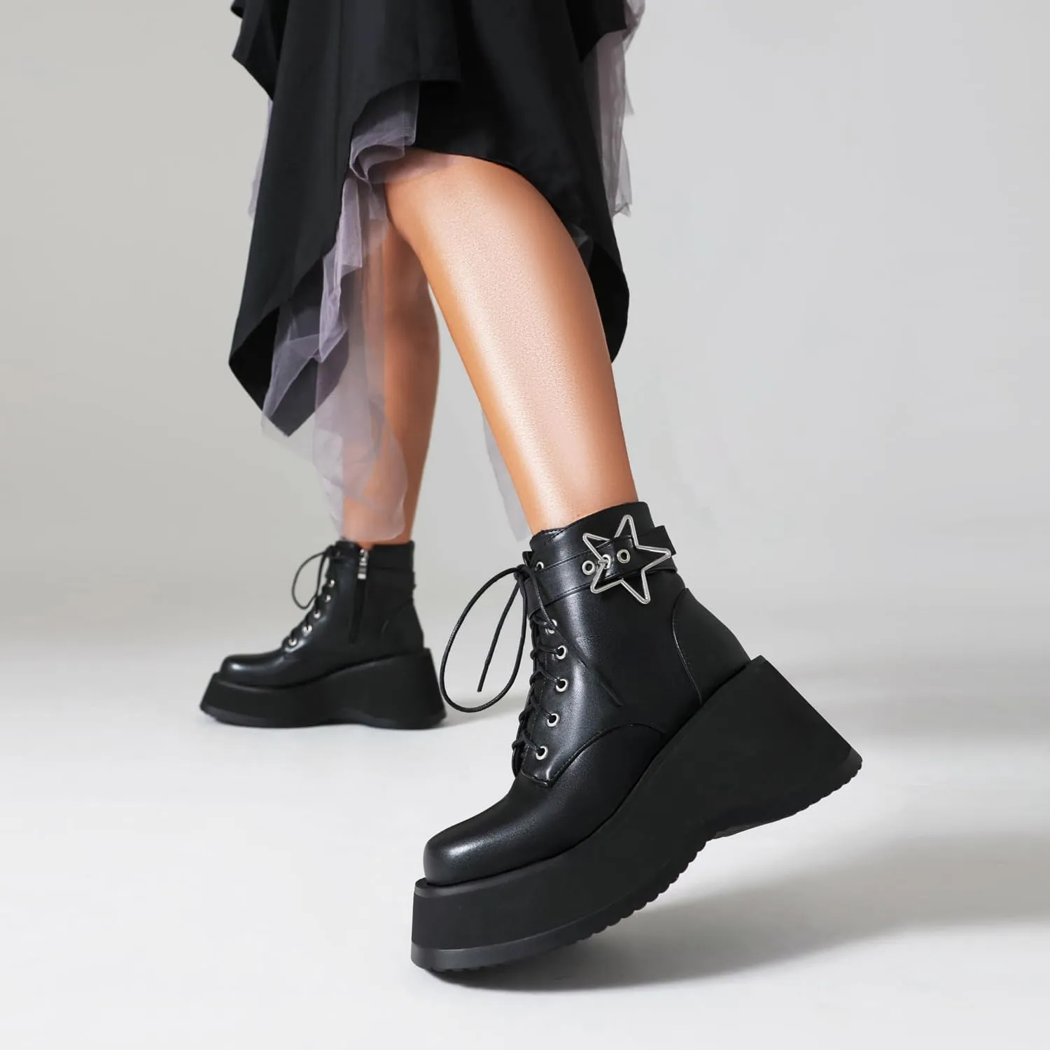 Women's Goth Platform Wedge Boots, Comfortable Chunky Mid Heel Combat Boots, Cute Gothic Ankle Boots Shoes