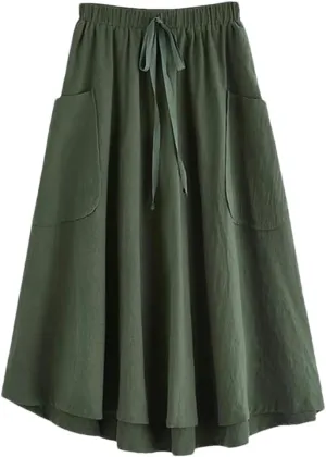 Women's High Waist Pleated Midi Skirt with Pocket Korean Fashion A Line Slim Skirt