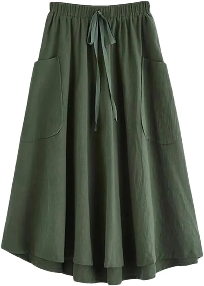 Women's High Waist Pleated Midi Skirt with Pocket Korean Fashion A Line Slim Skirt