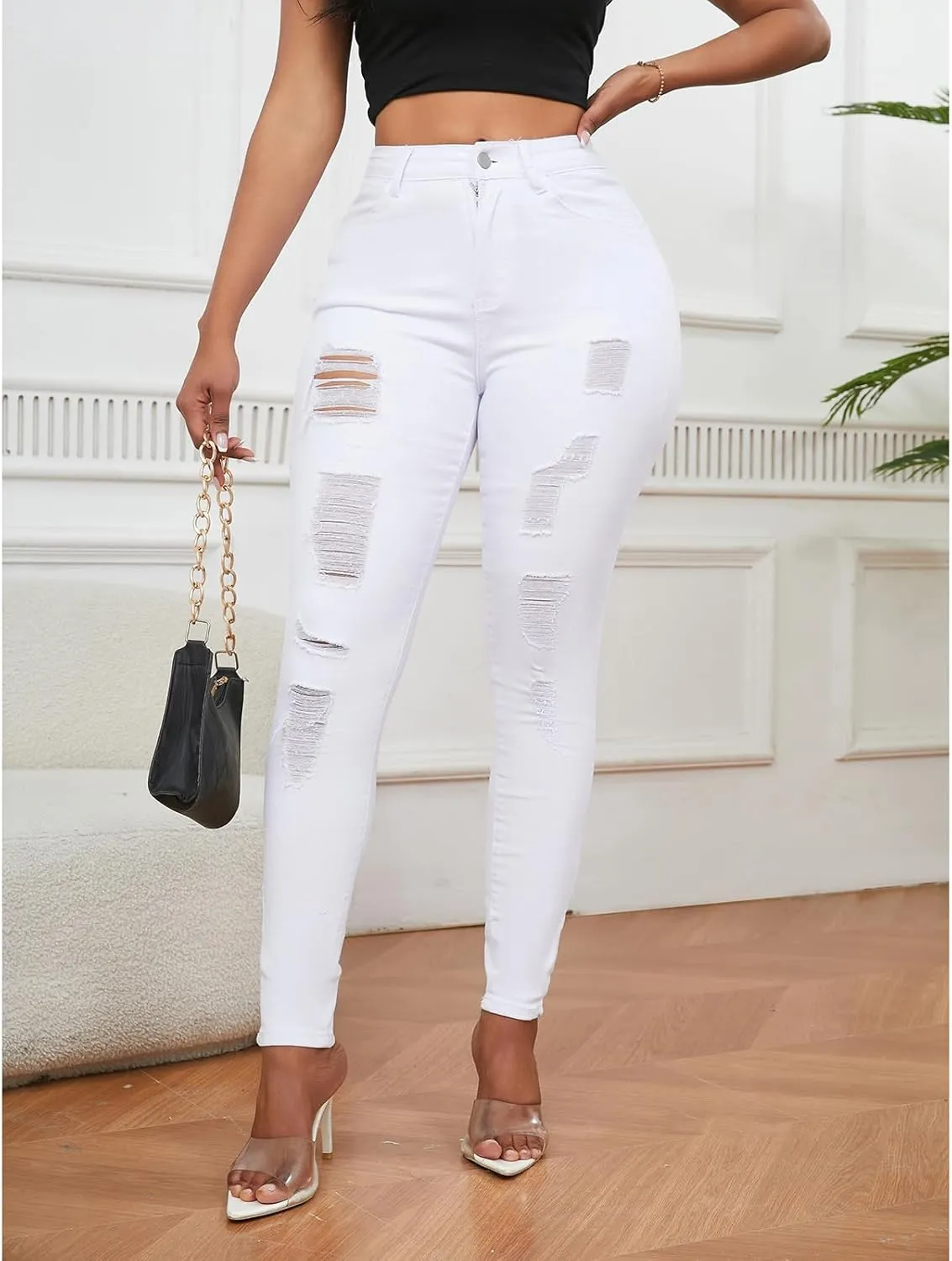 Women's High Waisted Ripped Jeans Slim Fit Distressed Skinny Jeans Stretch Butt Lifting Denim Pants