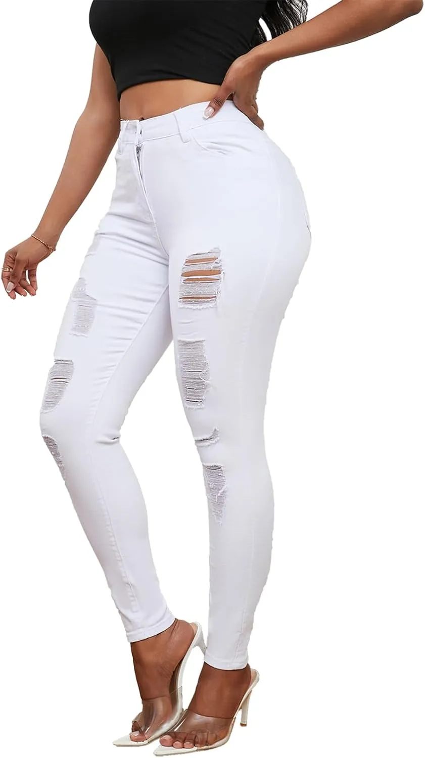 Women's High Waisted Ripped Jeans Slim Fit Distressed Skinny Jeans Stretch Butt Lifting Denim Pants