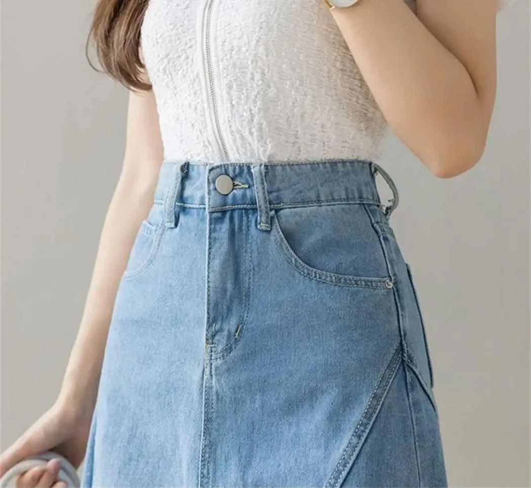 Women's Hight Waist Lace Denim Skirt Summer All-Match Pleated Patchwork Slim A Line Long Jeans Skirt