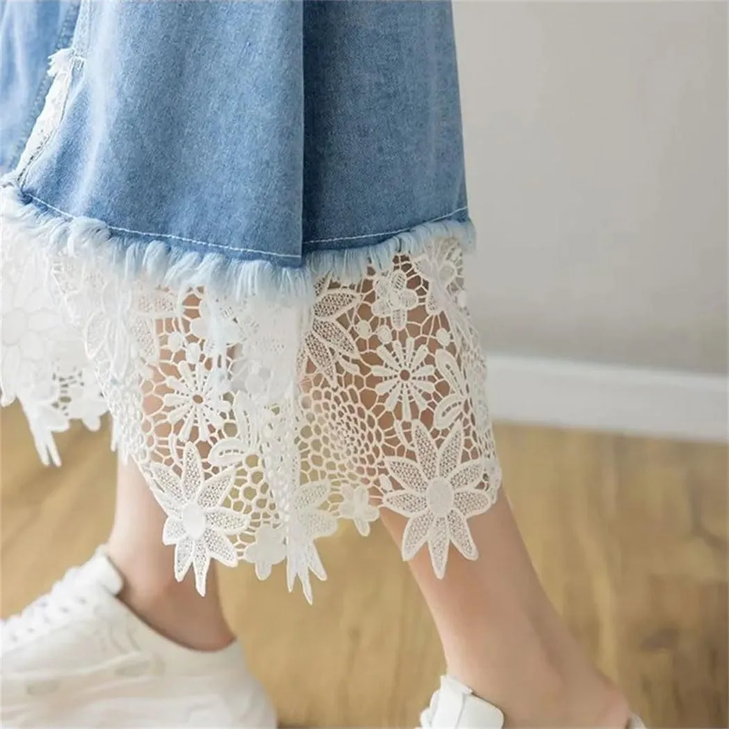 Women's Hight Waist Lace Denim Skirt Summer All-Match Pleated Patchwork Slim A Line Long Jeans Skirt