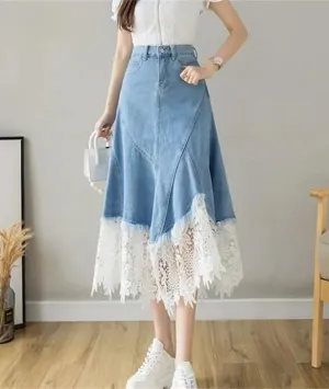 Women's Hight Waist Lace Denim Skirt Summer All-Match Pleated Patchwork Slim A Line Long Jeans Skirt