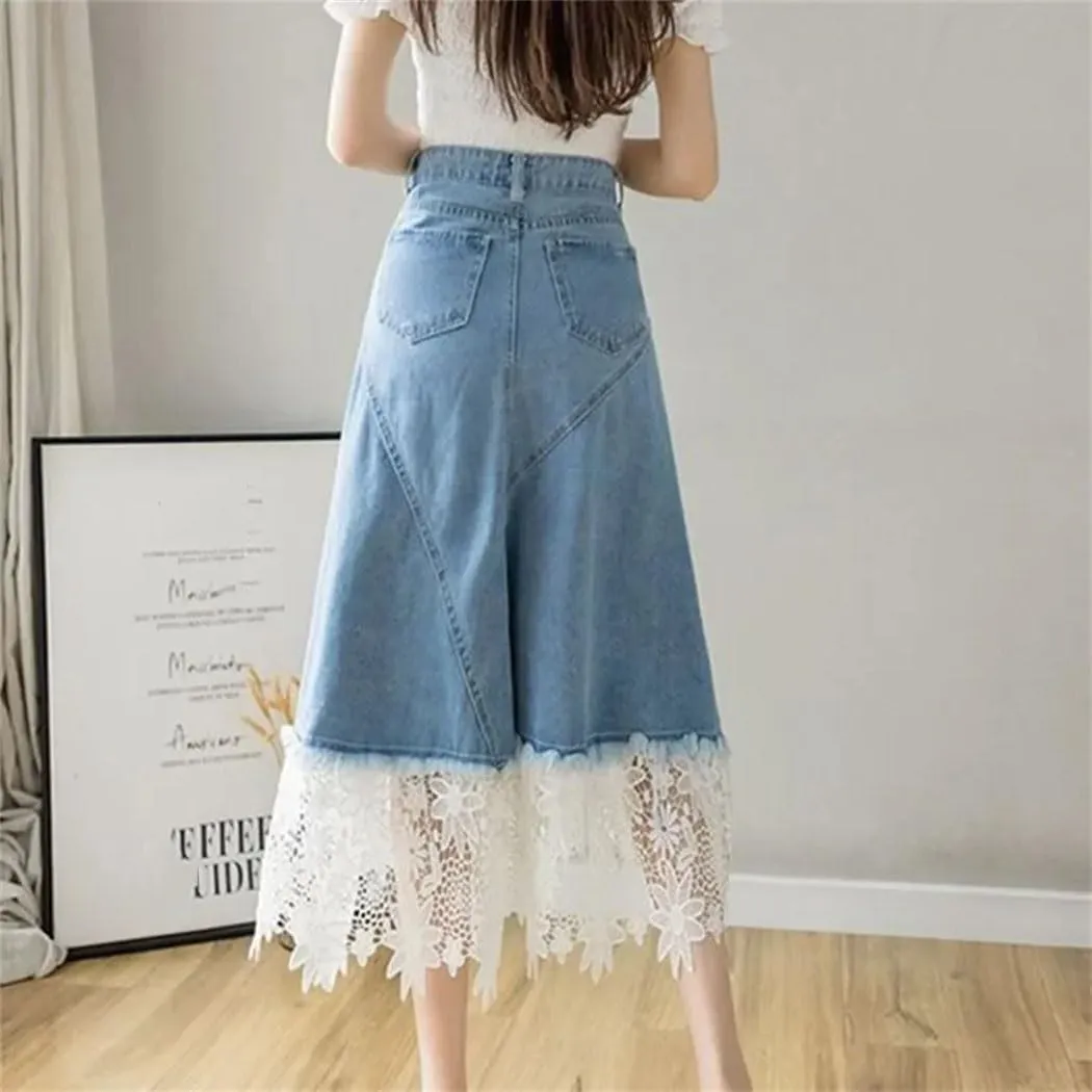 Women's Hight Waist Lace Denim Skirt Summer All-Match Pleated Patchwork Slim A Line Long Jeans Skirt